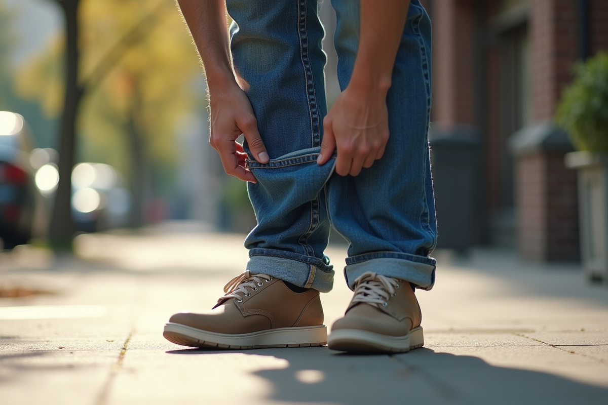 Personne ajustant son jean baggy en plein jour en ville