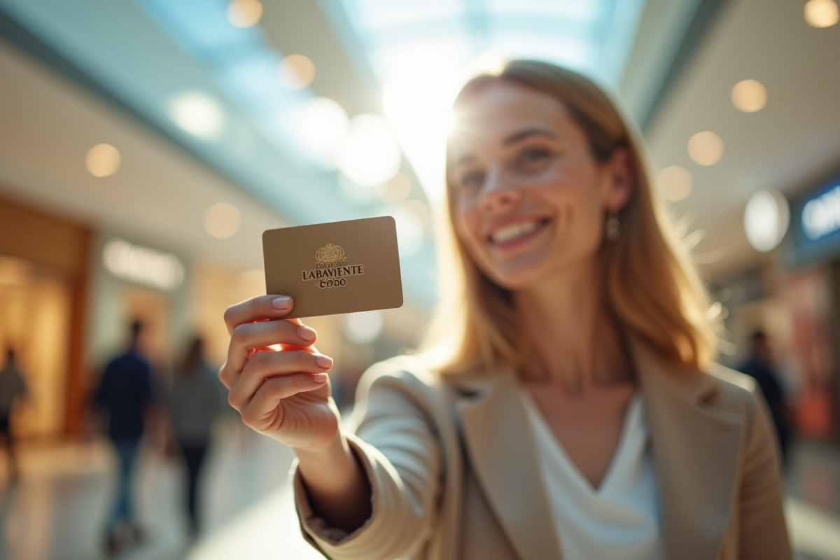 Personne souriante tenant une carte Galerie Lafayette dans un centre commercial lumineux