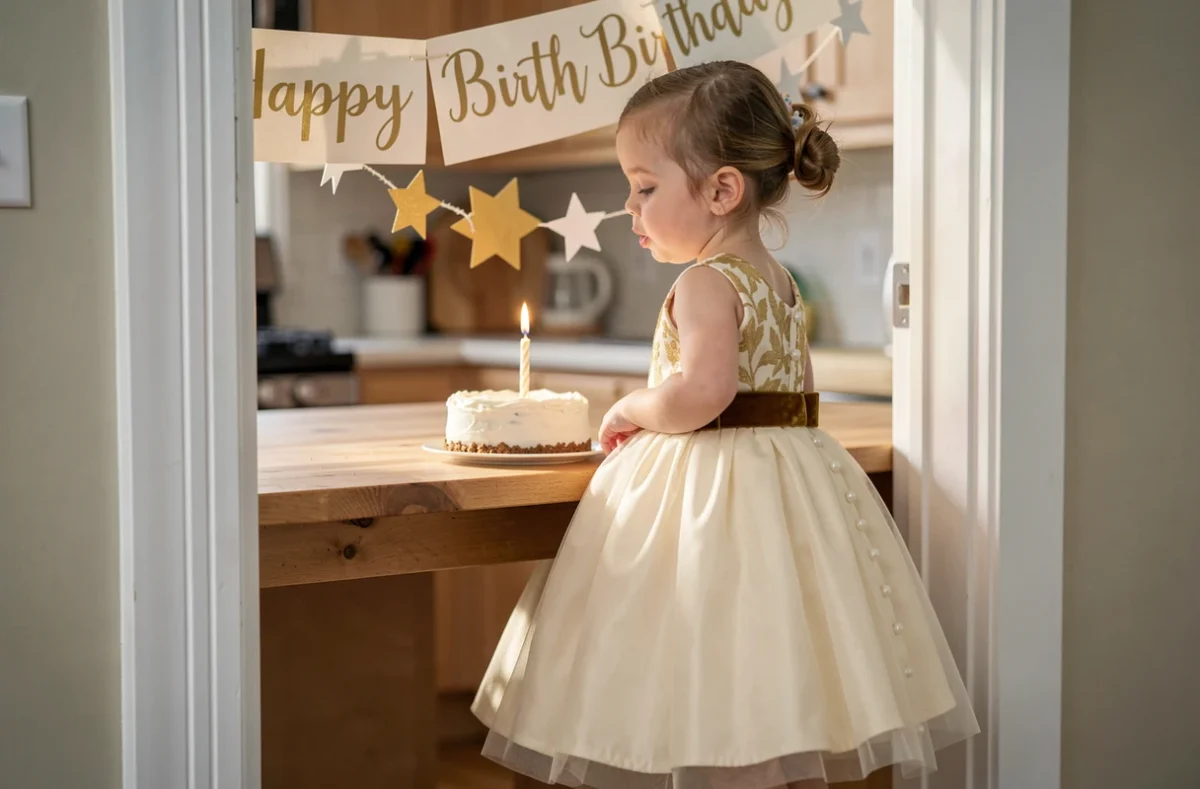 Petite fille en robe princesse ivoire et or soufflant sa bougie d'anniversaire dans une cuisine décorée à la maison