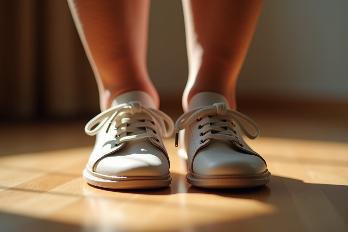 Pieds d adulte sur un sol en bois avec chaussures de tailles différentes