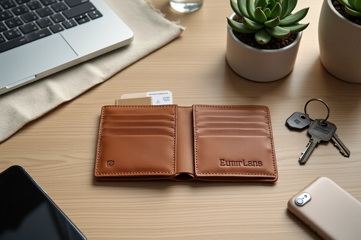 Portefeuille en cuir personnalisé ouvert en flat lay sur un bureau minimaliste avec accessoires du quotidien