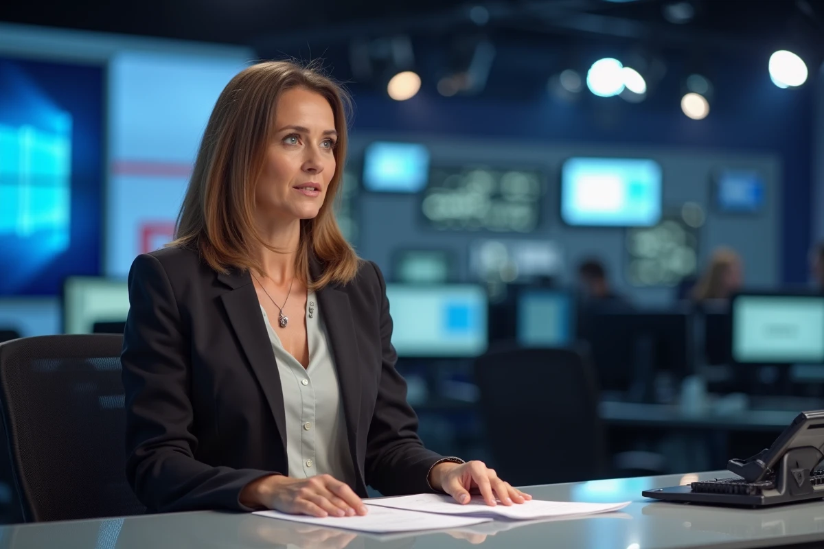 Présentatrice de télévision en plateau de tournage, discussion sérieuse dans un studio médiatique moderne