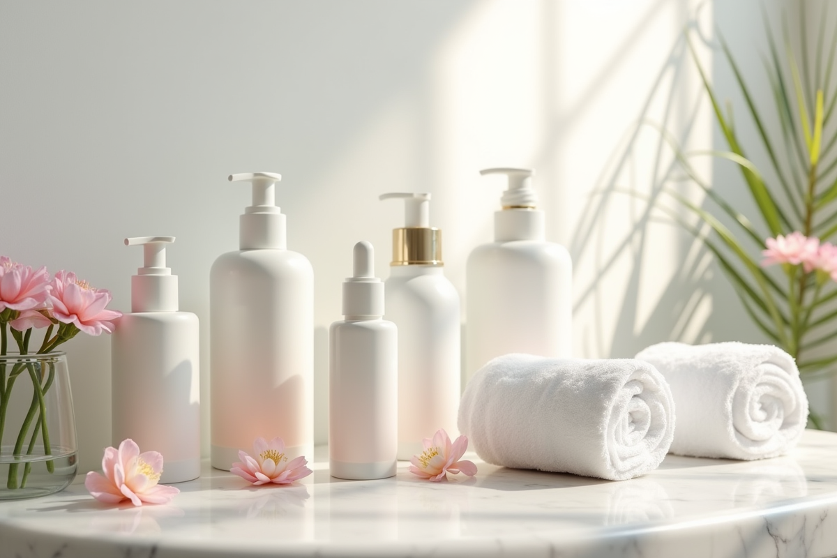 Assortiment de produits de soin koreans sur un marbre blanc
