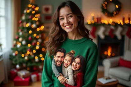 Femme portant un pull de Noël personnalisé avec photo de famille, décoration de sapin en arrière-plan