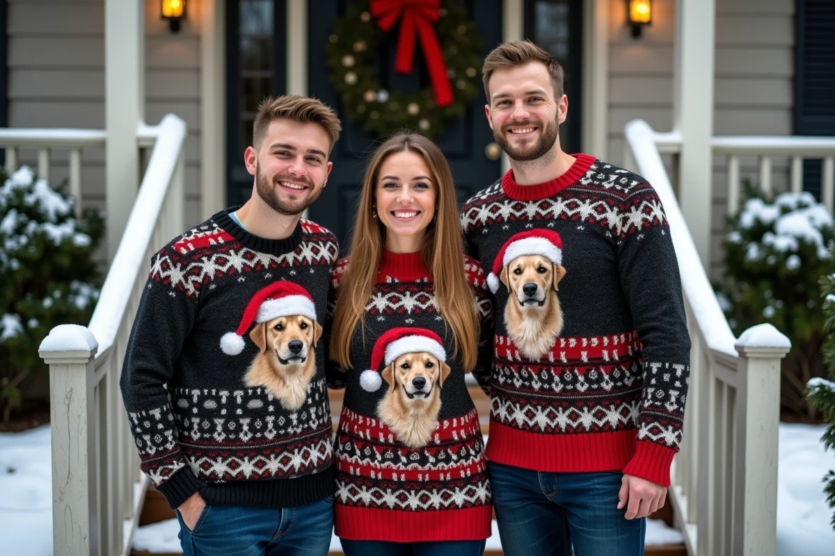 Groupe d'amis avec des pulls de Noël assortis personnalisés avec photos devant une maison enneigée