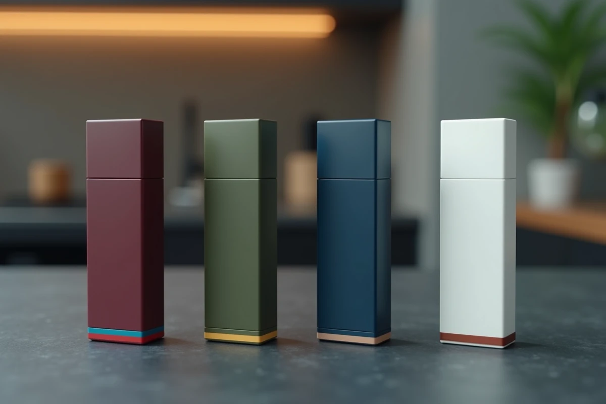 Quatre paquets de cigarettes Vogue aux couleurs distinctes alignés debout sur un comptoir ardoise pour comparer les différences visuelles