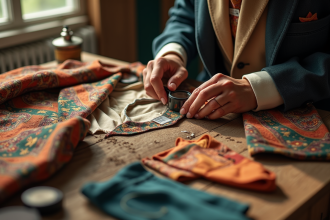 Mains de tailleur examinant une étiquette de veste rétro colorée