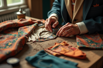 Mains de tailleur examinant une étiquette de veste rétro colorée