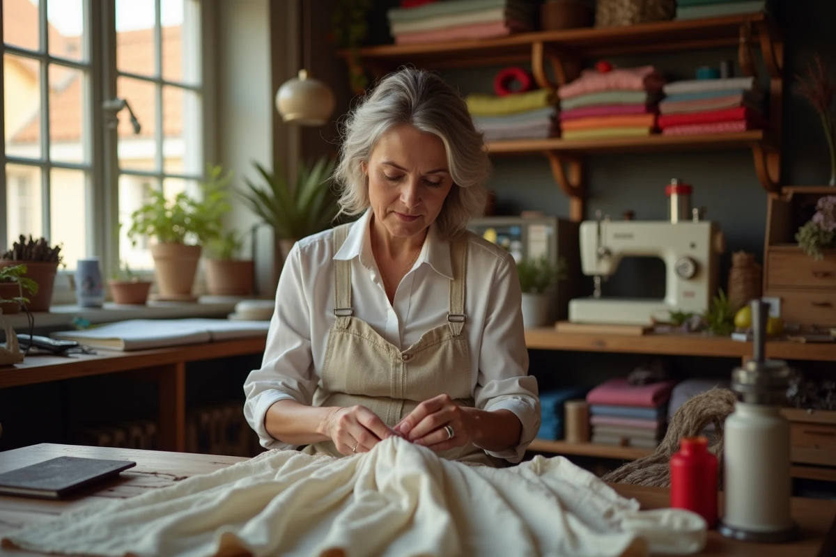 Femme d'âge moyen réparant une robe vintage dans un atelier