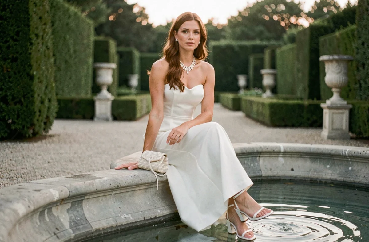 Femme en robe bustier blanche longue assise près d'une fontaine dans un jardin à la française, portant un collier de perles et des sandales blanches pour une soirée estivale