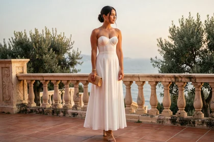 Femme portant une robe bustier longue blanche lors d'une soirée d'été sur une terrasse méditerranéenne, accessoirisée de bijoux dorés et sandales beiges