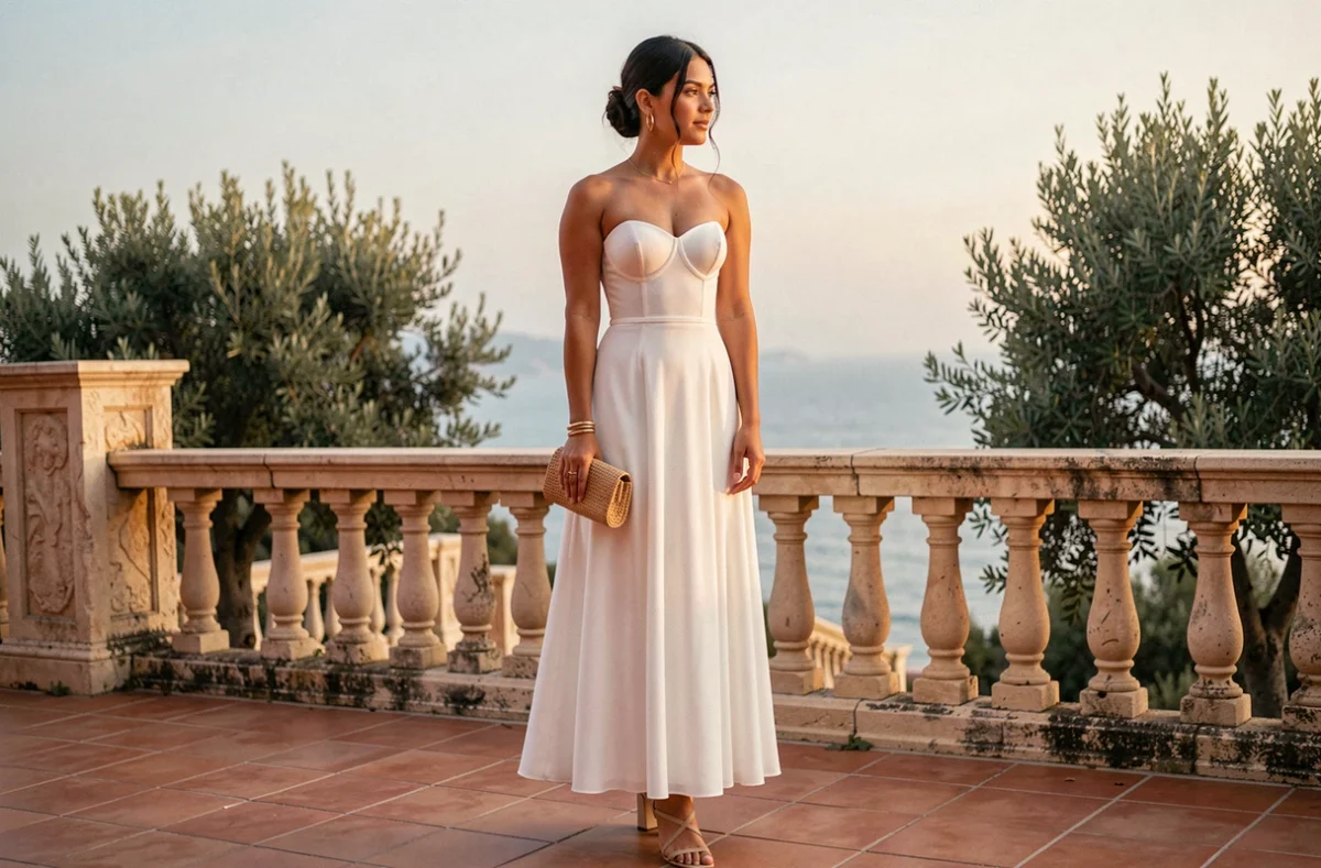 Femme portant une robe bustier longue blanche lors d'une soirée d'été sur une terrasse méditerranéenne, accessoirisée de bijoux dorés et sandales beiges