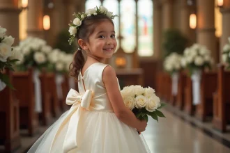 Jeune demoiselle d'honneur en robe de cérémonie ivoire en satin et tulle tenant un bouquet de roses blanches dans une église décorée