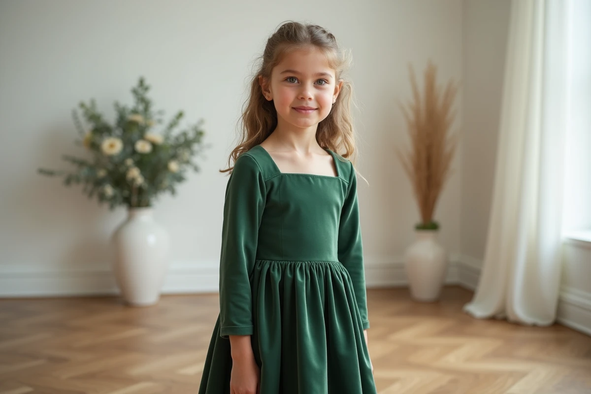 Fillette en robe de cérémonie velours vert sauge à manches longues dans une salle de mariage moderne au décor minimaliste