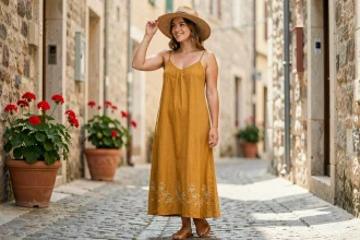 Femme portant une robe d'été jaune moutarde avec sandales en cuir et chapeau de paille dans une ruelle en pierre du sud de la France