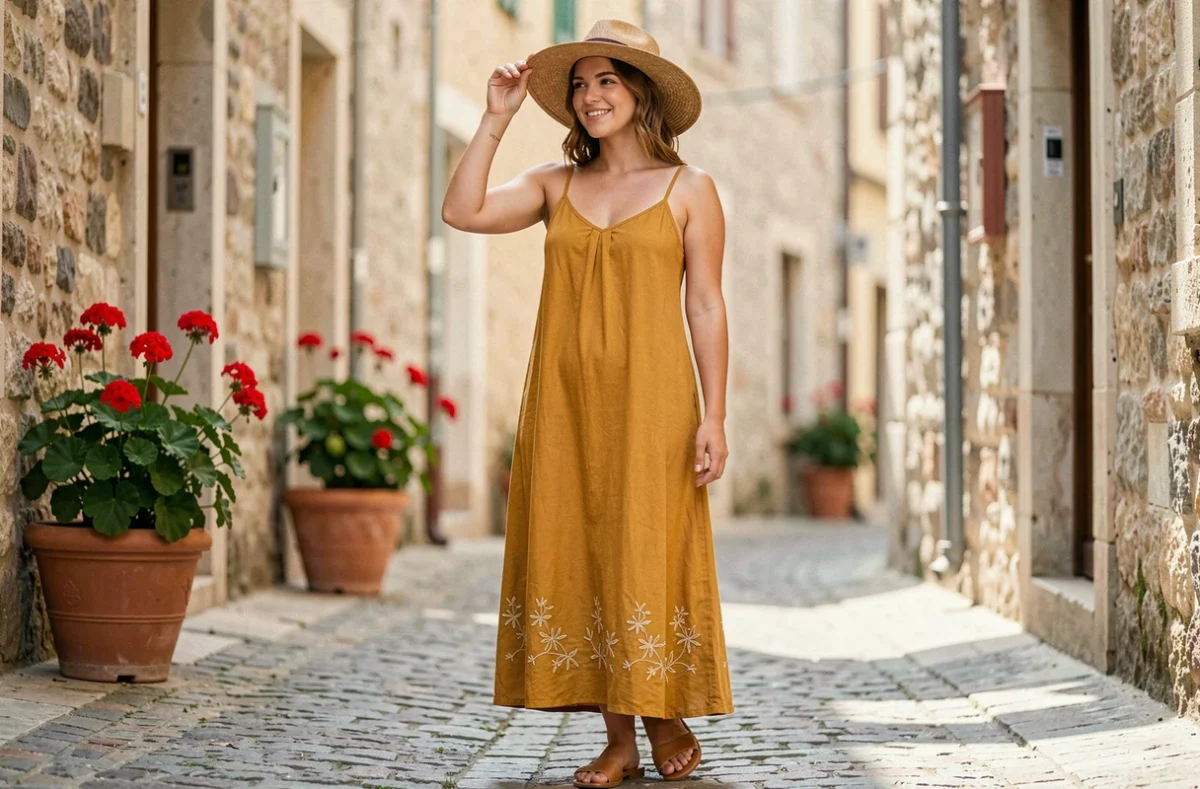 Femme portant une robe d'été jaune moutarde avec sandales en cuir et chapeau de paille dans une ruelle en pierre du sud de la France