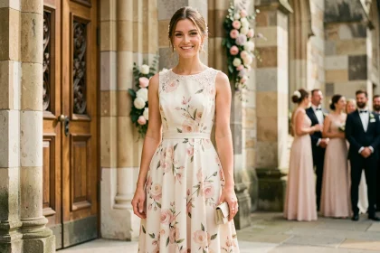 Femme portant une robe Johanna Paris mi-longue fleurie ivoire et rose poudré devant une église en pierre pour un baptême