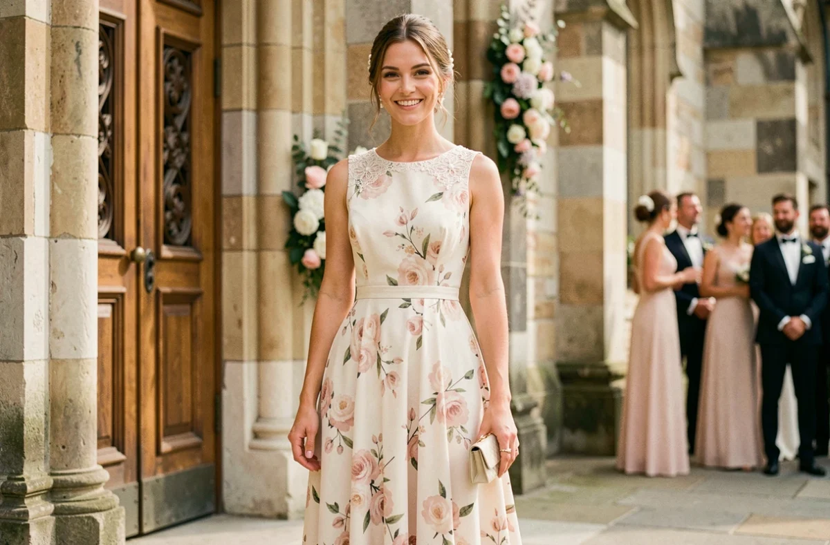 Femme portant une robe Johanna Paris mi-longue fleurie ivoire et rose poudré devant une église en pierre pour un baptême