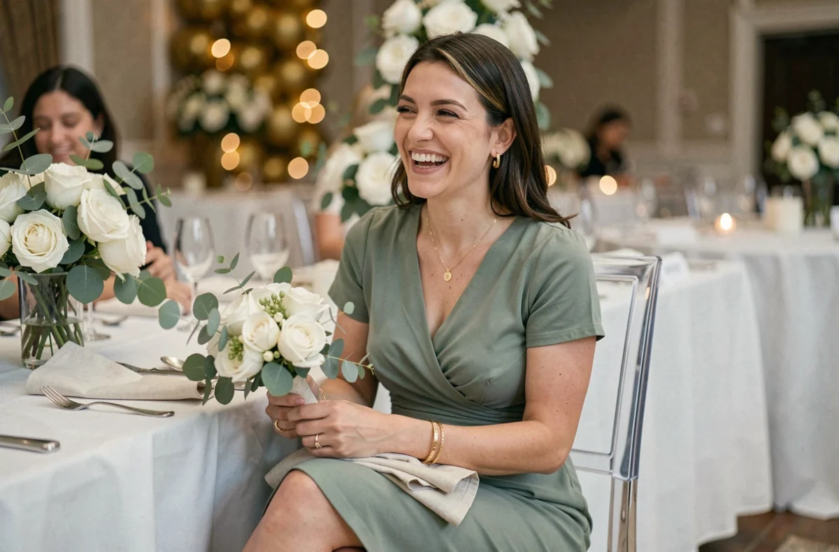 Femme en robe Johanna Paris vert sauge lors d'un repas de baptême dans une salle de réception décorée avec des fleurs blanches