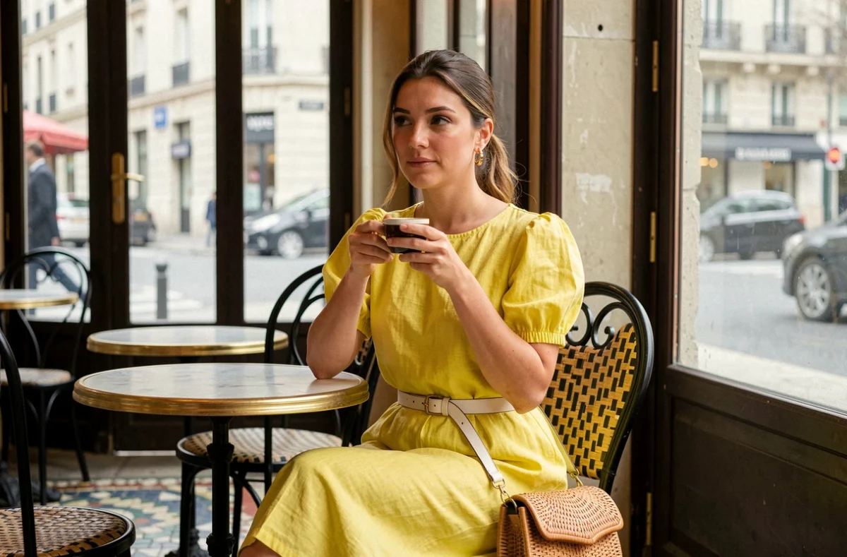 Femme en robe midi jaune lin assise en terrasse de café parisien avec ceinture blanche et sac en rotin