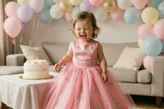 Petite fille de 3 ans en robe princesse rose à tulle lors d'un anniversaire féerique à la maison