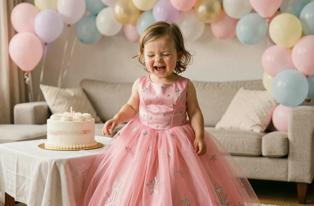 Petite fille de 3 ans en robe princesse rose à tulle lors d'un anniversaire féerique à la maison