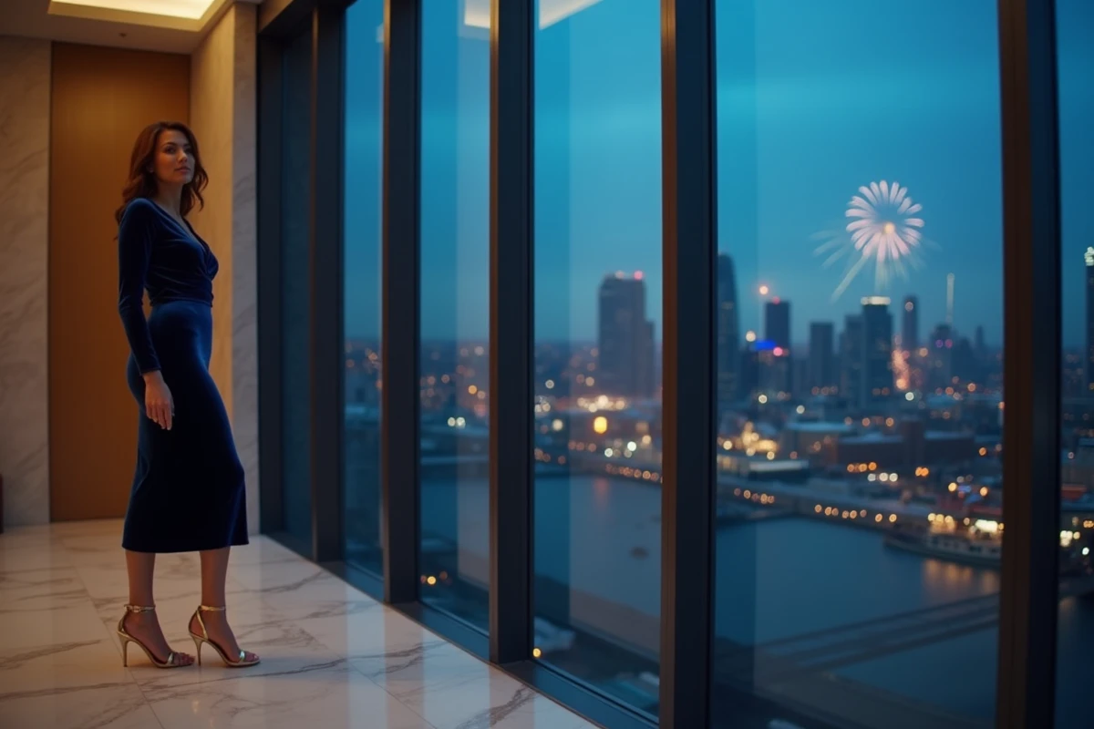 Femme en robe velours bleu nuit mi-longue pour un mariage de réveillon du Nouvel An avec vue sur skyline urbain enneigé