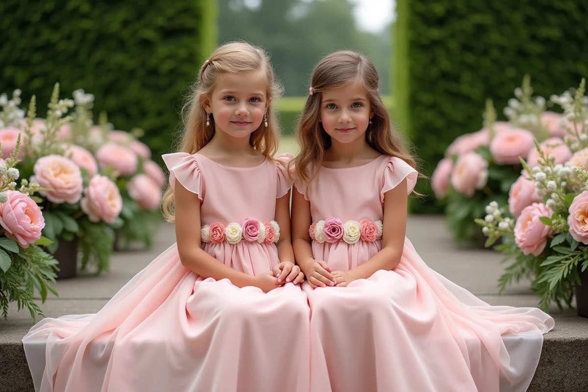 Deux fillettes en robes de demoiselle d'honneur rose poudré assorties assises sur des marches dans un jardin fleuri lors d'une cérémonie