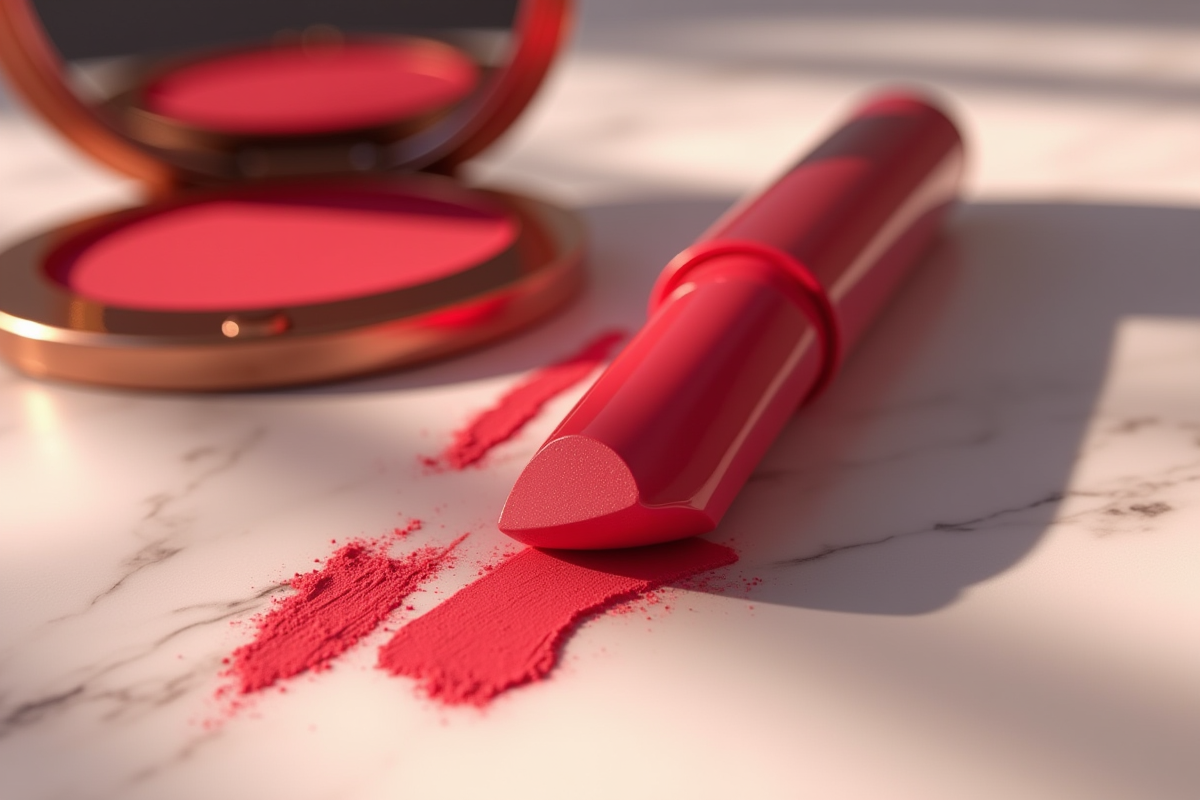 Rouge à lèvres cassé sur un marbre avec miroir