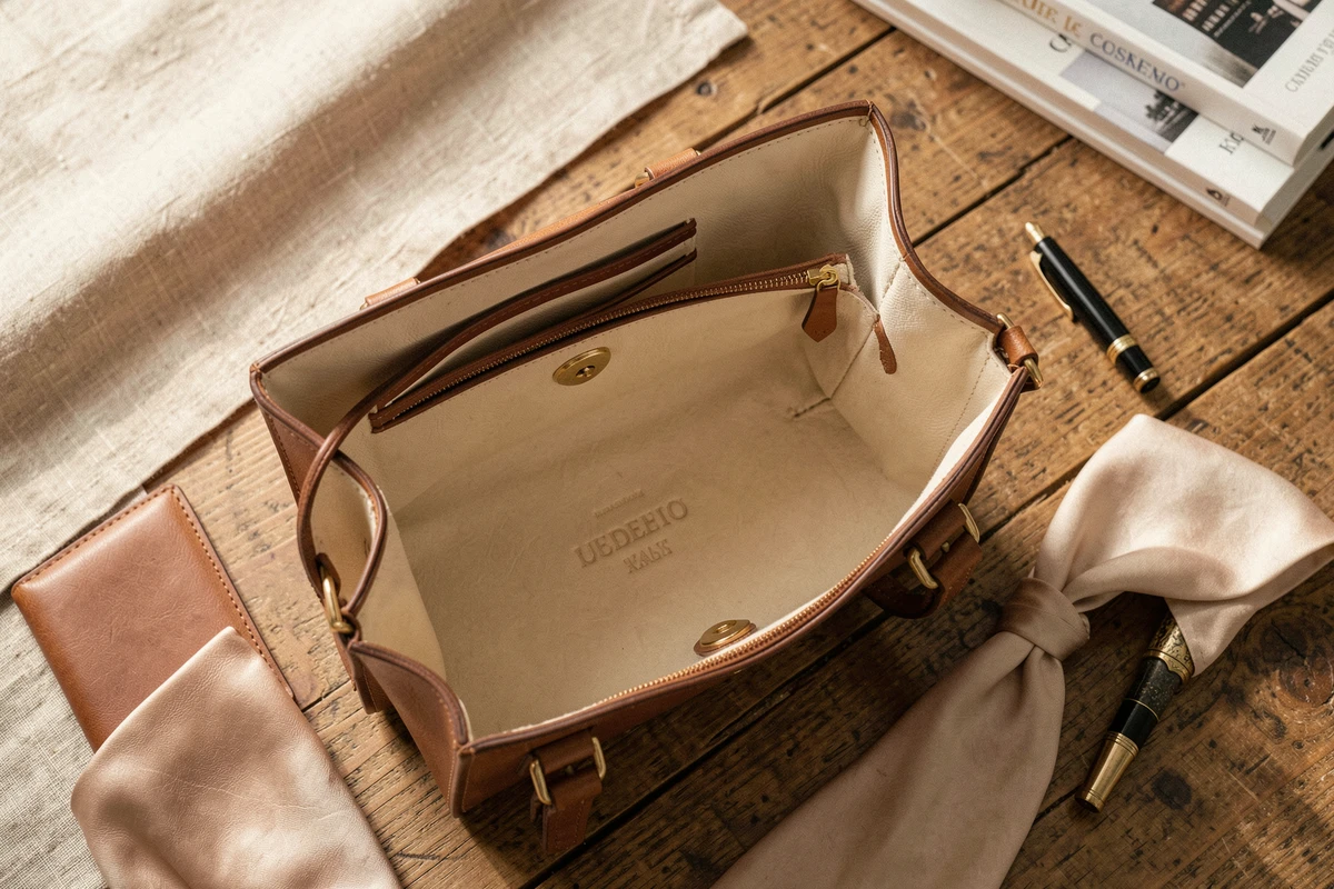 Vue de dessus d'un sac de marque française ouvert révélant sa doublure cousue main et ses accessoires dorés sur une table en chêne