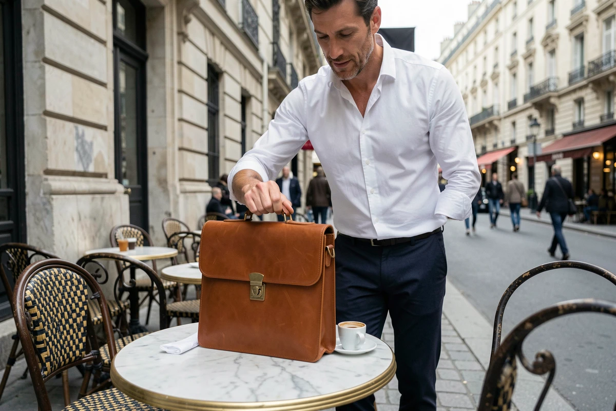 Homme posant avec un sac en cuir cognac de marque française en terrasse de café parisien