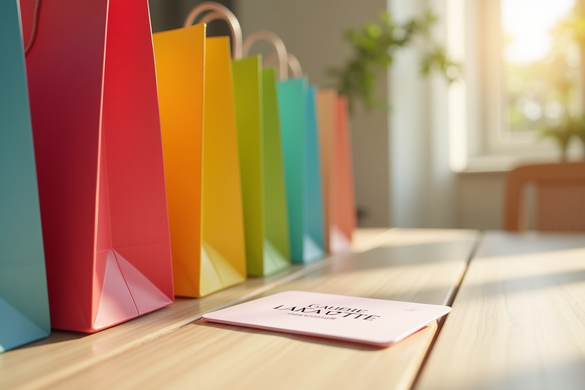 Sacs colorés et carte Galerie Lafayette sur une table en bois clair