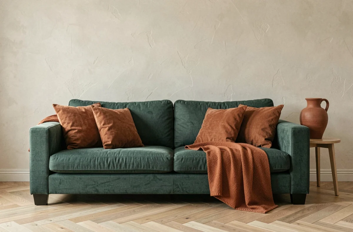 Salon contemporain avec canapé en lin vert d'eau soutenu associé à des coussins terracotta et une couverture rouille pour illustrer les couleurs complémentaires