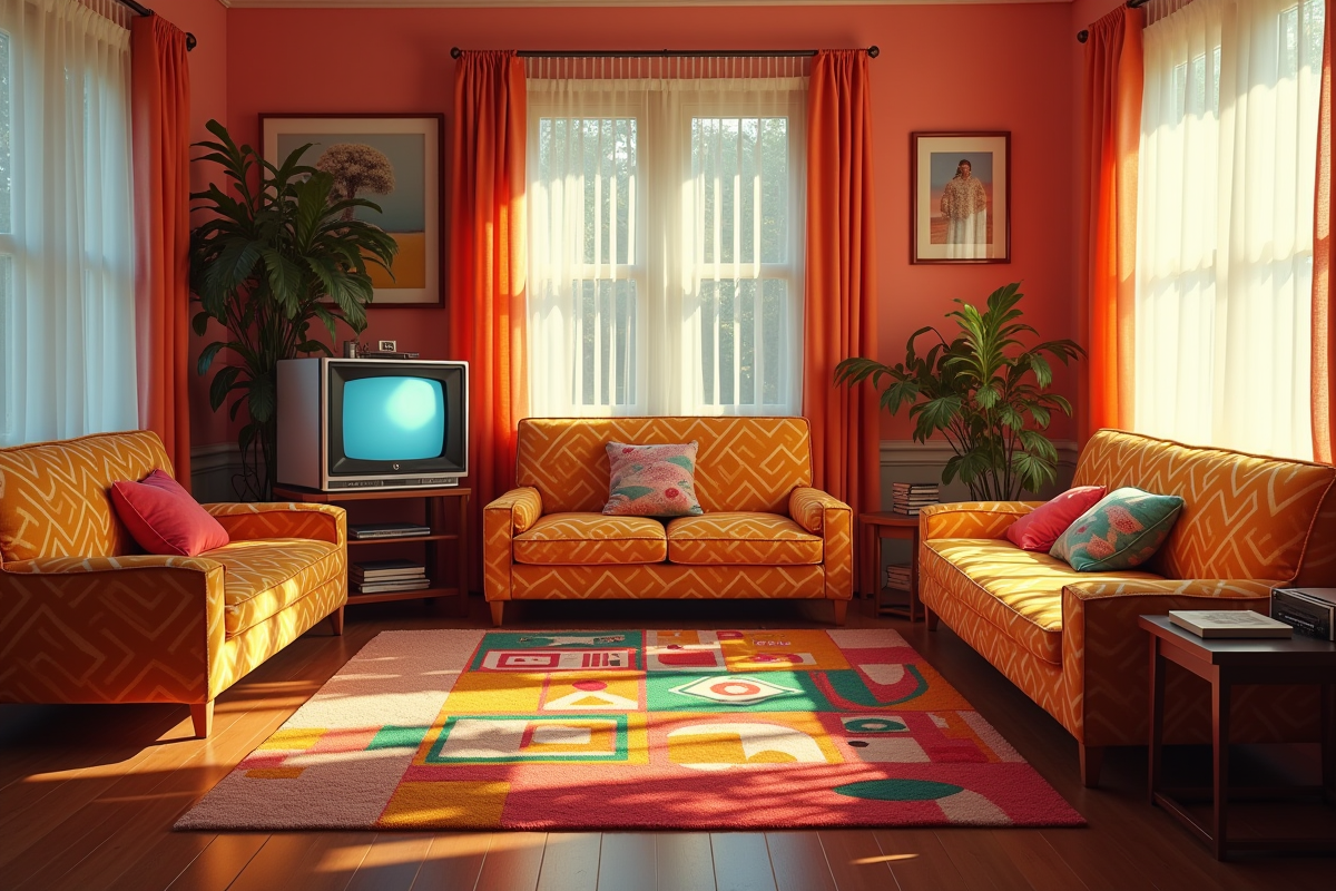 Salon vintage des années 80 avec mobilier coloré et télévision ancienne