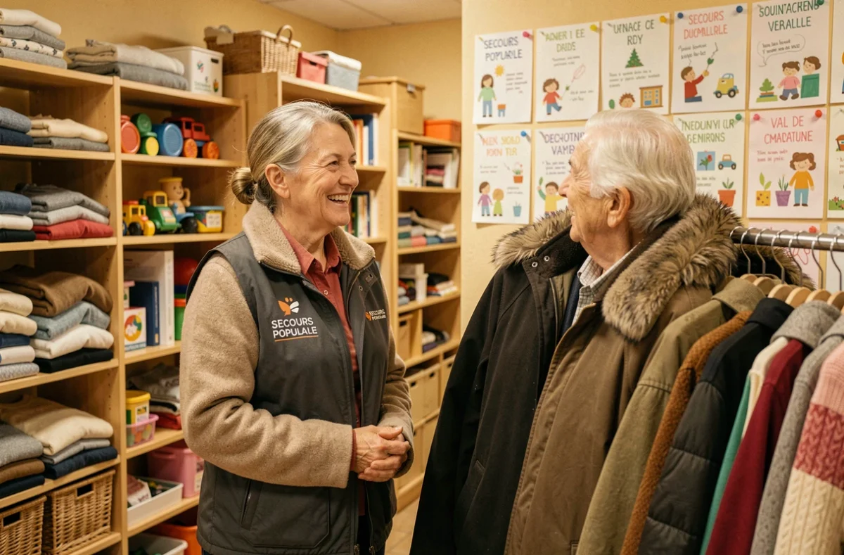 Bénévole du Secours Populaire Val-de-Marne en gilet rouge discutant avec une cliente près d'un rack de manteaux d'hiver dans la boutique solidaire