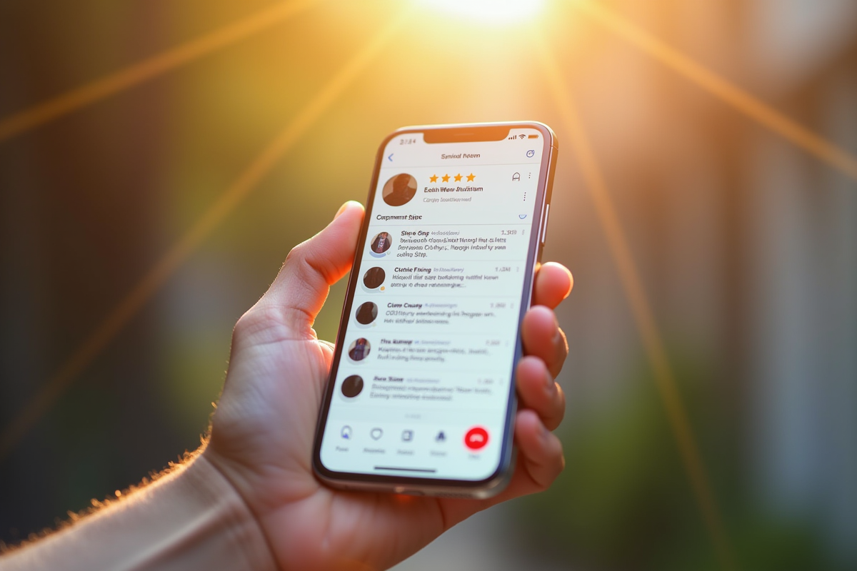 Homme tenant un smartphone affichant des avis sur les vêtements