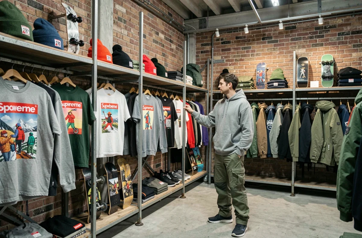 Intérieur du Snowbeach Warehouse Paris avec des vêtements streetwear et snowboard