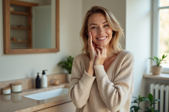Femme appliquant une creme visage naturelle dans sa salle de bain