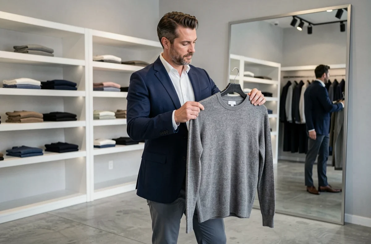 Un homme élégant examine un pull en cachemire dans la boutique Stilbo, spécialisée dans le prêt-à-porter masculin haut de gamme à Toulouse