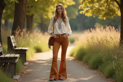 Femme en jean patte d'éléphant et blouse brodée style hippie années 70 dans un parc urbain ensoleillé