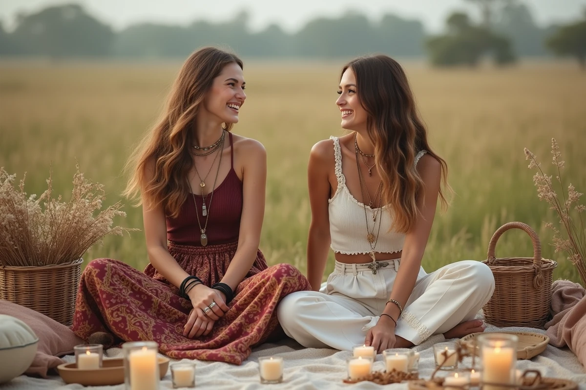 Deux femmes en tenues bohème maxi jupe et pantalon large style hippie années 70 assises dans une prairie