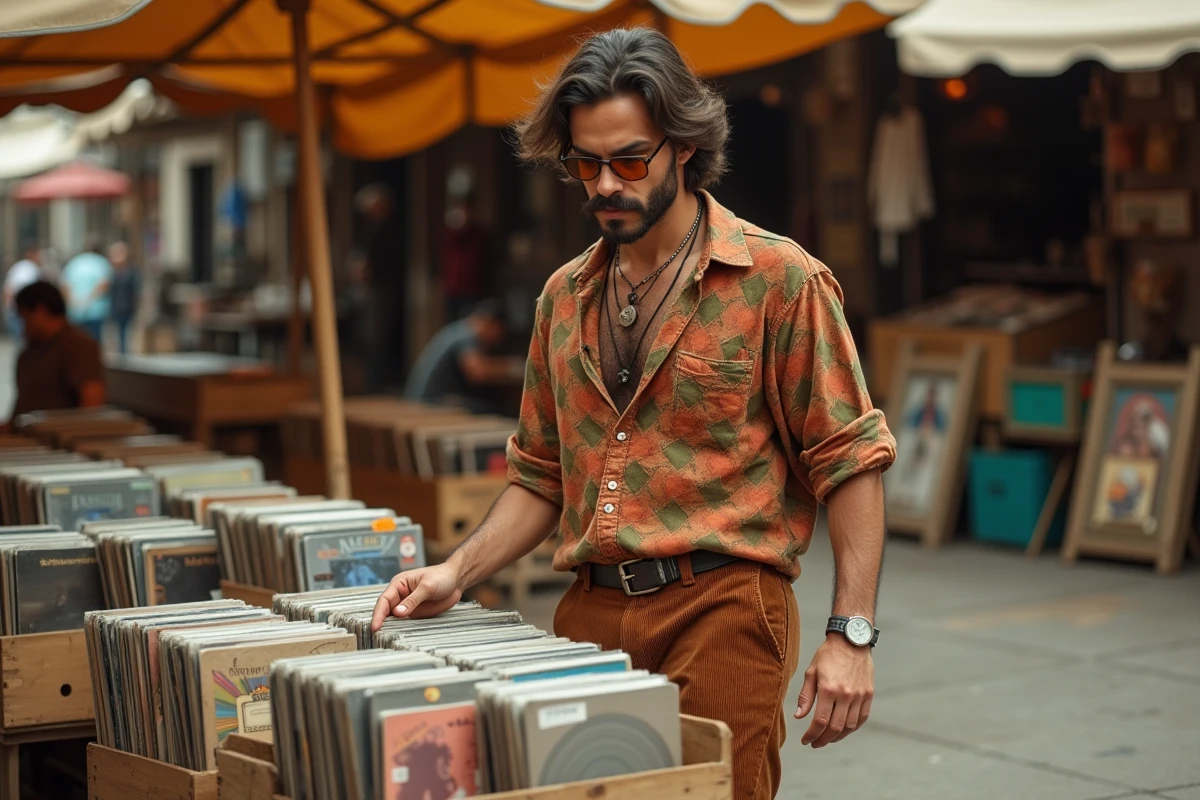 Homme en chemise à col vintage et pantalon velours côtelé style hippie 70s dans un marché aux puces
