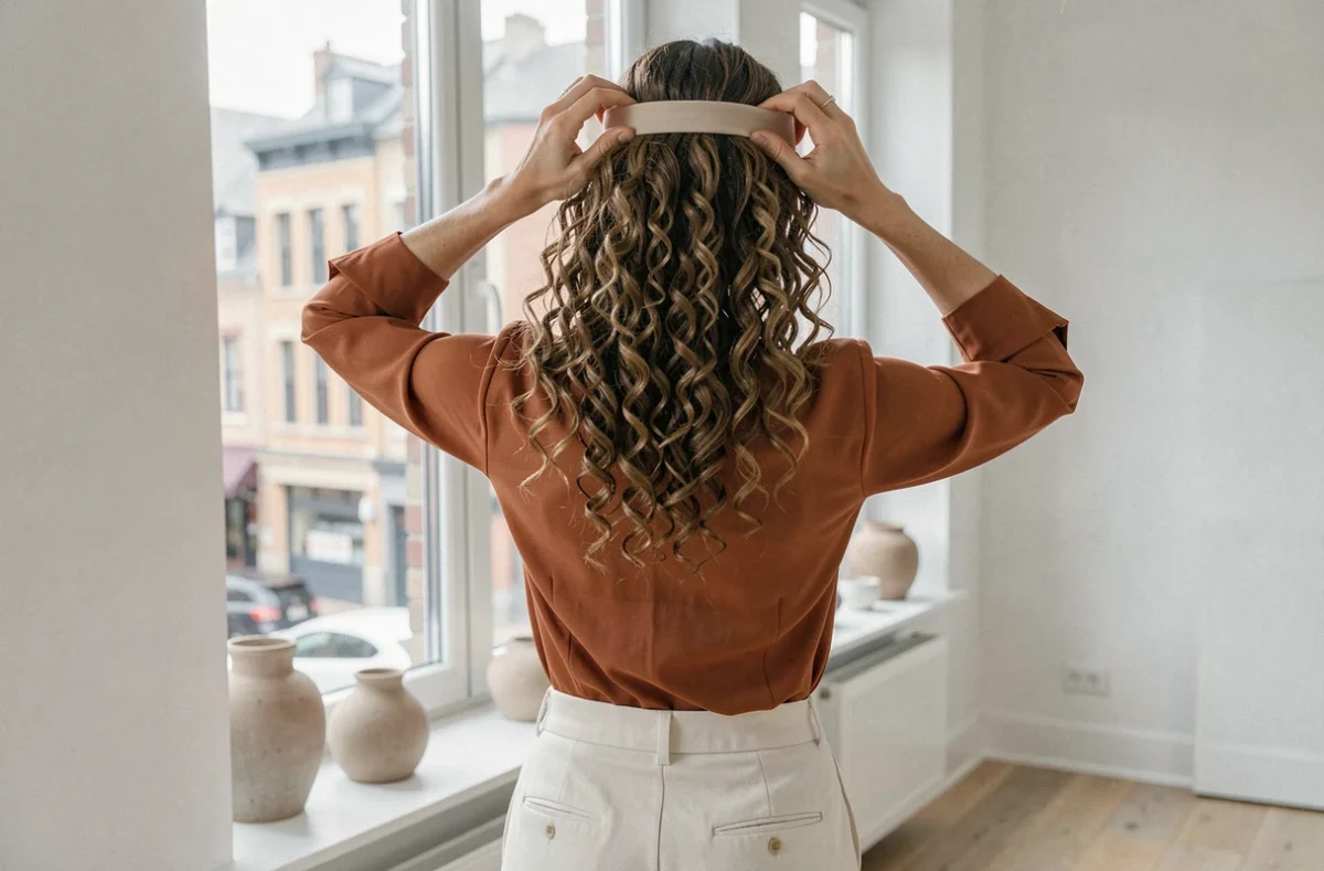 Femme de dos installant un bandeau élastique sur ses boucles mi-longues près d'une fenêtre, appartement minimaliste urbain