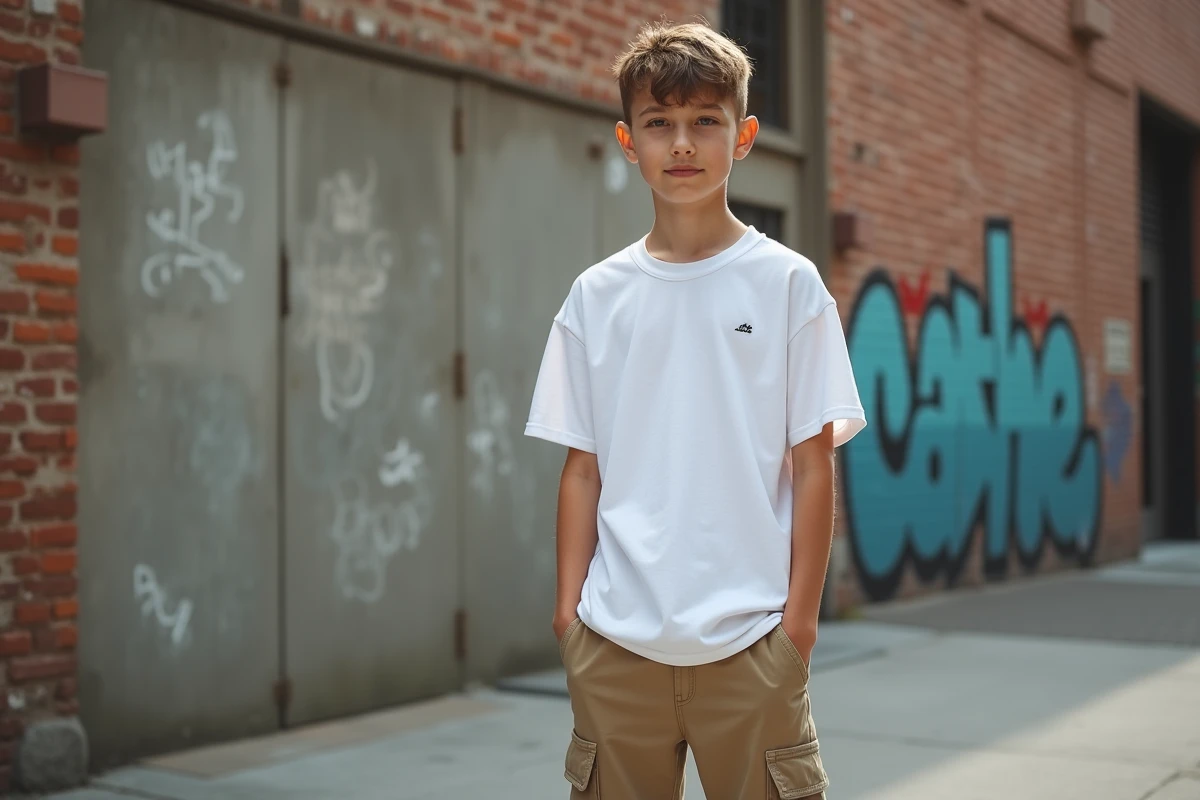 Adolescent en tenue tendance 2026 avec cargo beige et tee-shirt oversize blanc dans un environnement urbain