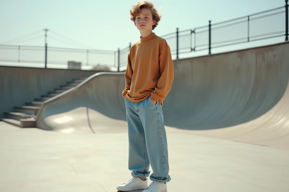 Ado stylé en jean large light wash et pull col montant camel dans un skatepark béton pour tendances mode 2026