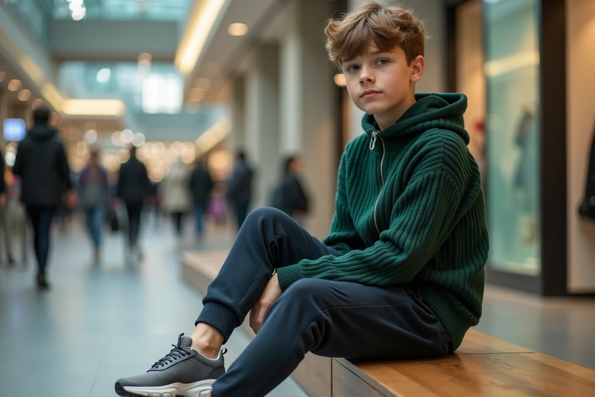 Jeune adolescent en pull zippé vert et jogger marine avec sneakers dad shoes dans un centre commercial moderne