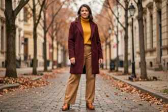 Femme en manteau bordeaux et pull moutarde avec un pantalon camel en automne dans une rue pavée