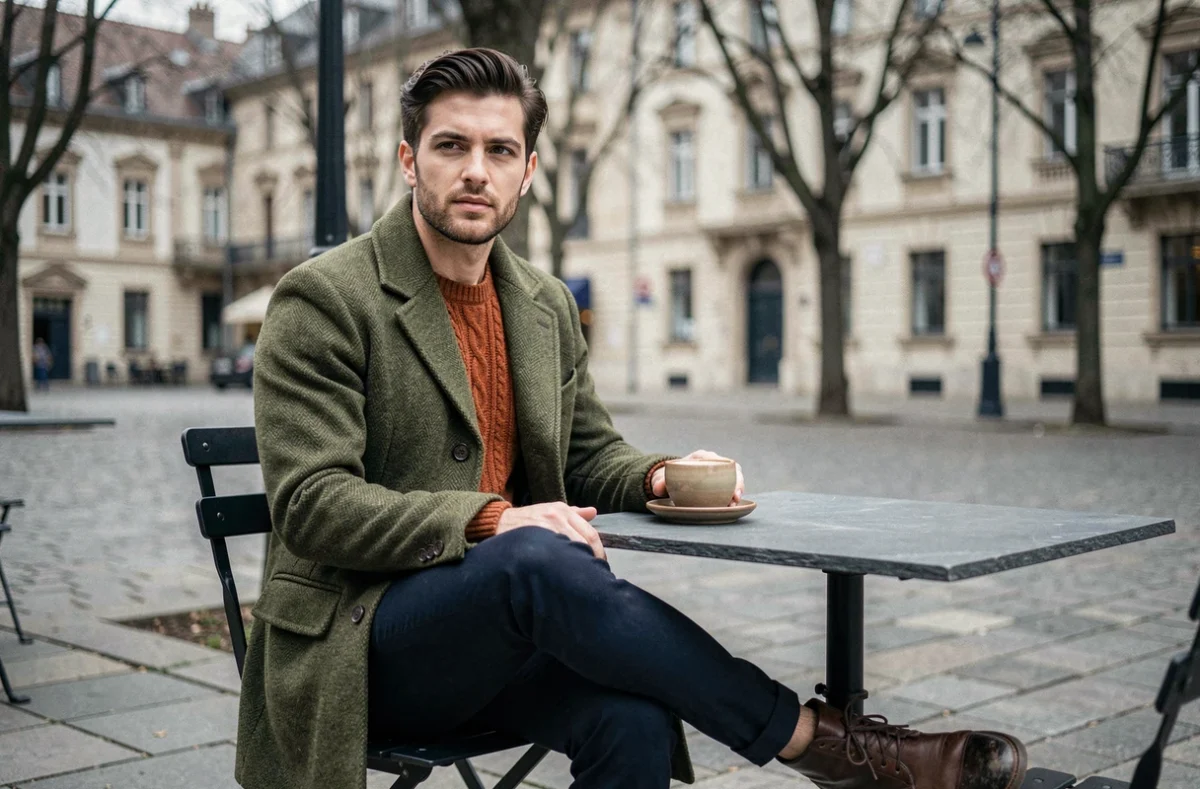 Homme en manteau vert forêt et pull rouille assis en terrasse de café en hiver en ville