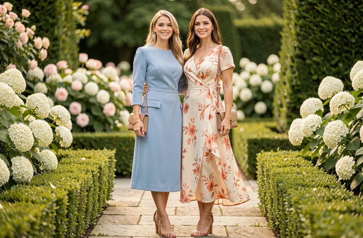 Deux femmes portant des robes Johanna Paris élégantes pour un baptême dans un jardin fleuri, l'une en bleu poudré et l'autre en corail fleuri