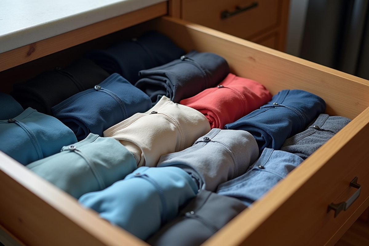 Tiroir organisé avec sous-vêtements masculins pliés par type et couleur